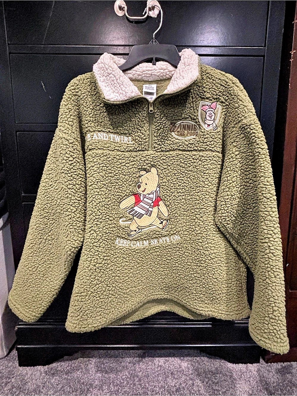 Disney Winnie the Pooh Keep Calm Skate On Sherpa Quarter-Zip Pullover Green &